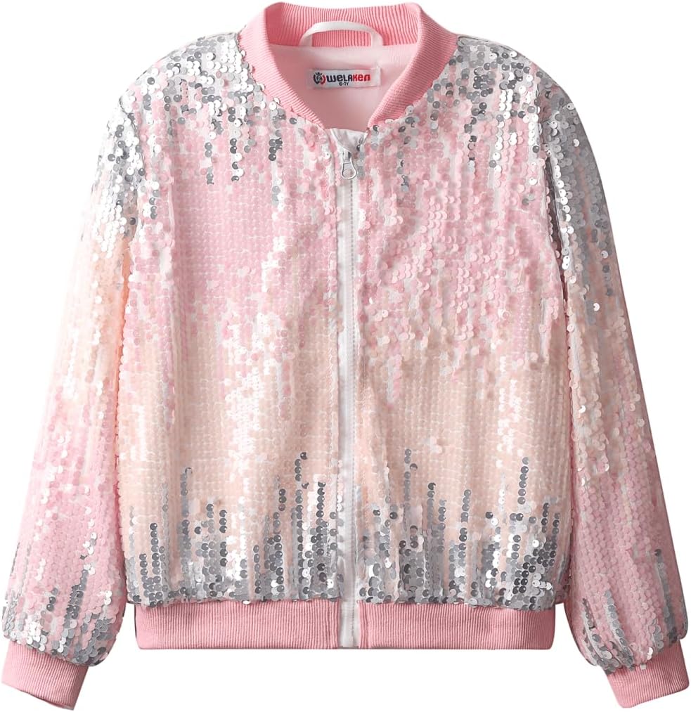 Girls' Ombre Sequin Bomber Jacket with Pockets for Kids