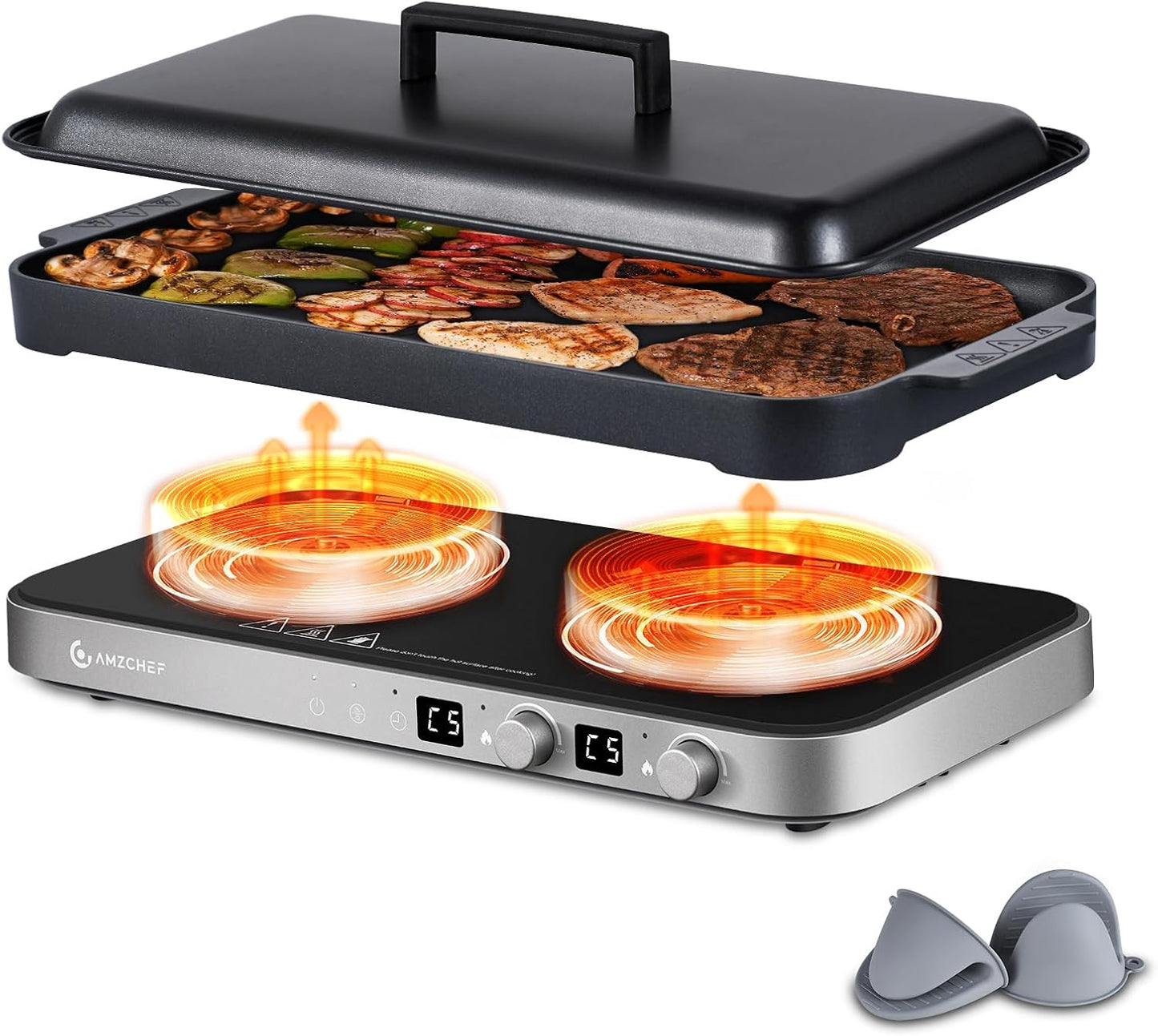 Portable 2-Burner Induction Cooktop with Non-stick Griddle 1800W