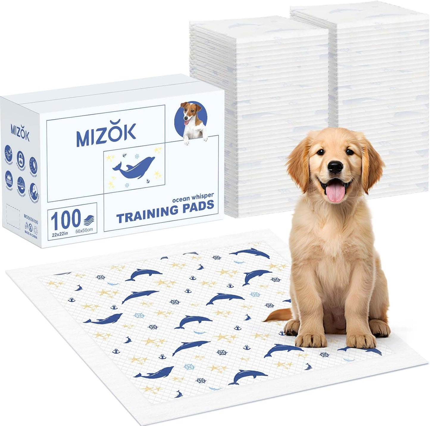 MIZOK Puppy Pads 100 Count with Dolphin Print for Easy Training