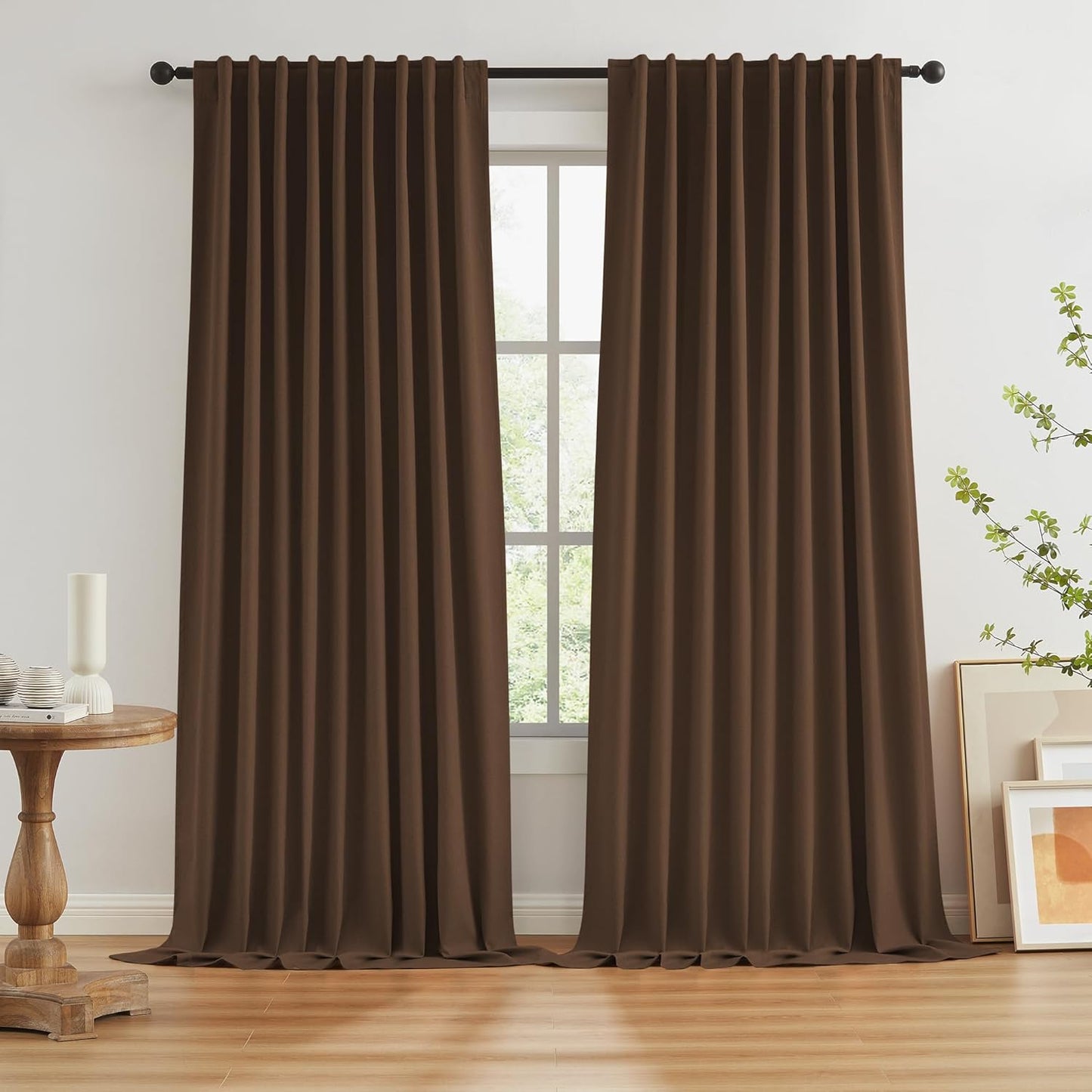 Brown Blackout Pleated Look Curtains for Living Room 96 in