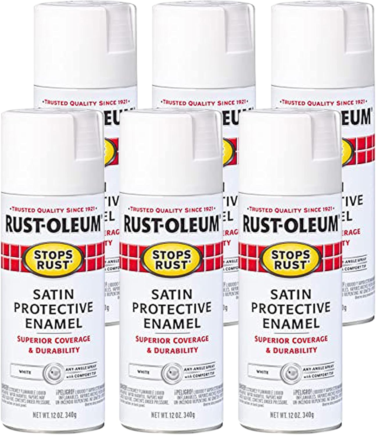 Rust-Oleum Stops Rust Spray Paint, Satin White, 6 Pack, 12 Oz