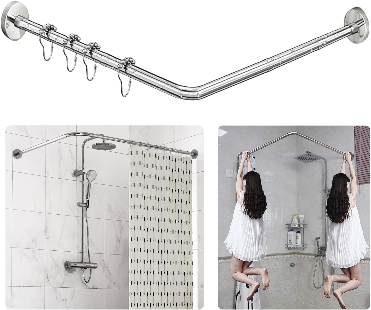 Sikaiqi L-Shaped Stainless Steel Shower Rod: Adjustable, Unsagging, Drill-Free