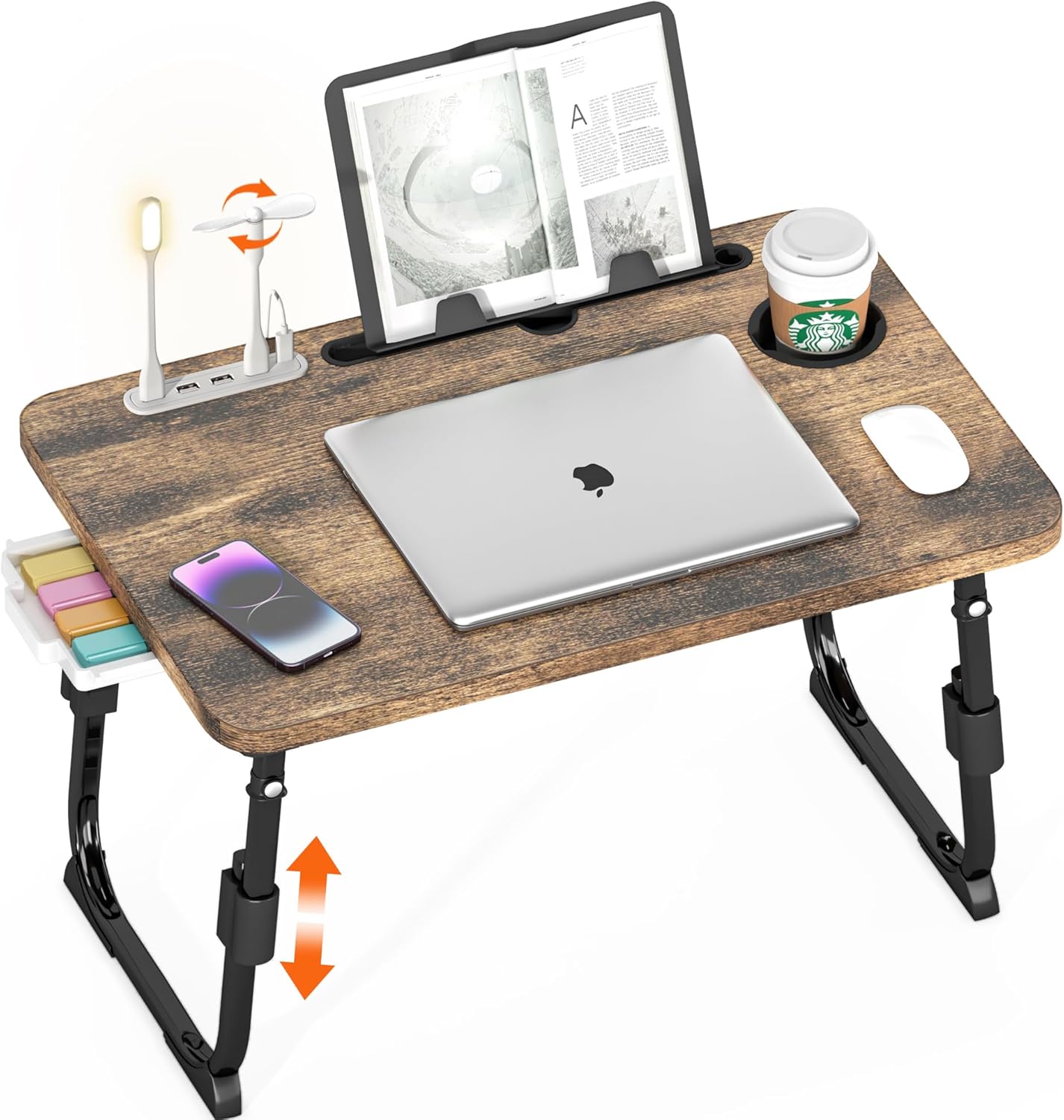 Height Adjustable Laptop Desk for Bed with USB and Storage Drawer