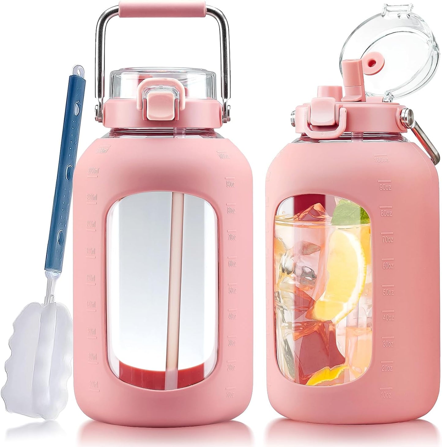 Large Glass Water Bottle with Stainless Steel Handle and Lid