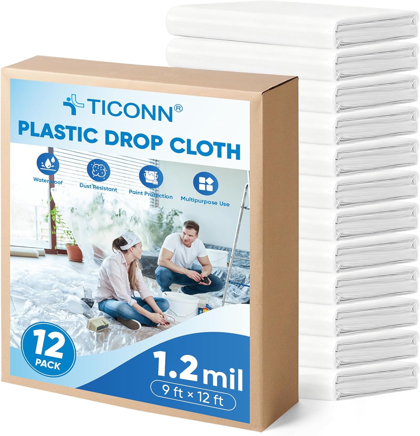 TICONN 12 x 9 Ft Plastic Drop Cloth for Easy Painting Projects