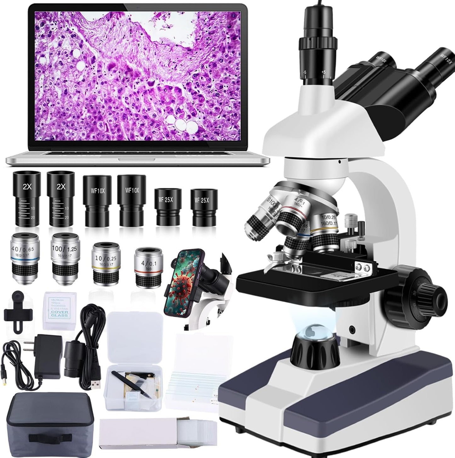 Trinocular Microscope with 40X-5000X Magnification for Adults