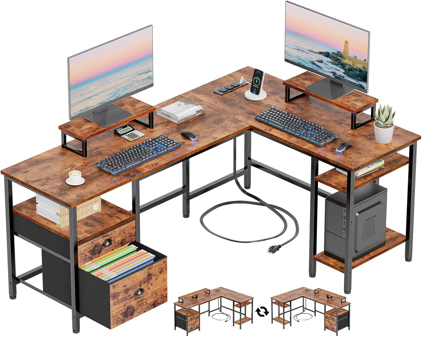 Furologee 59 L Shaped Desk with Power Outlet for Home Office