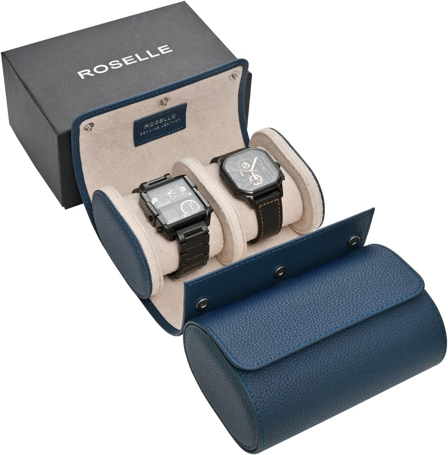 ROSELLE Genuine Leather Watch Roll Travel Case for 2 Watches
