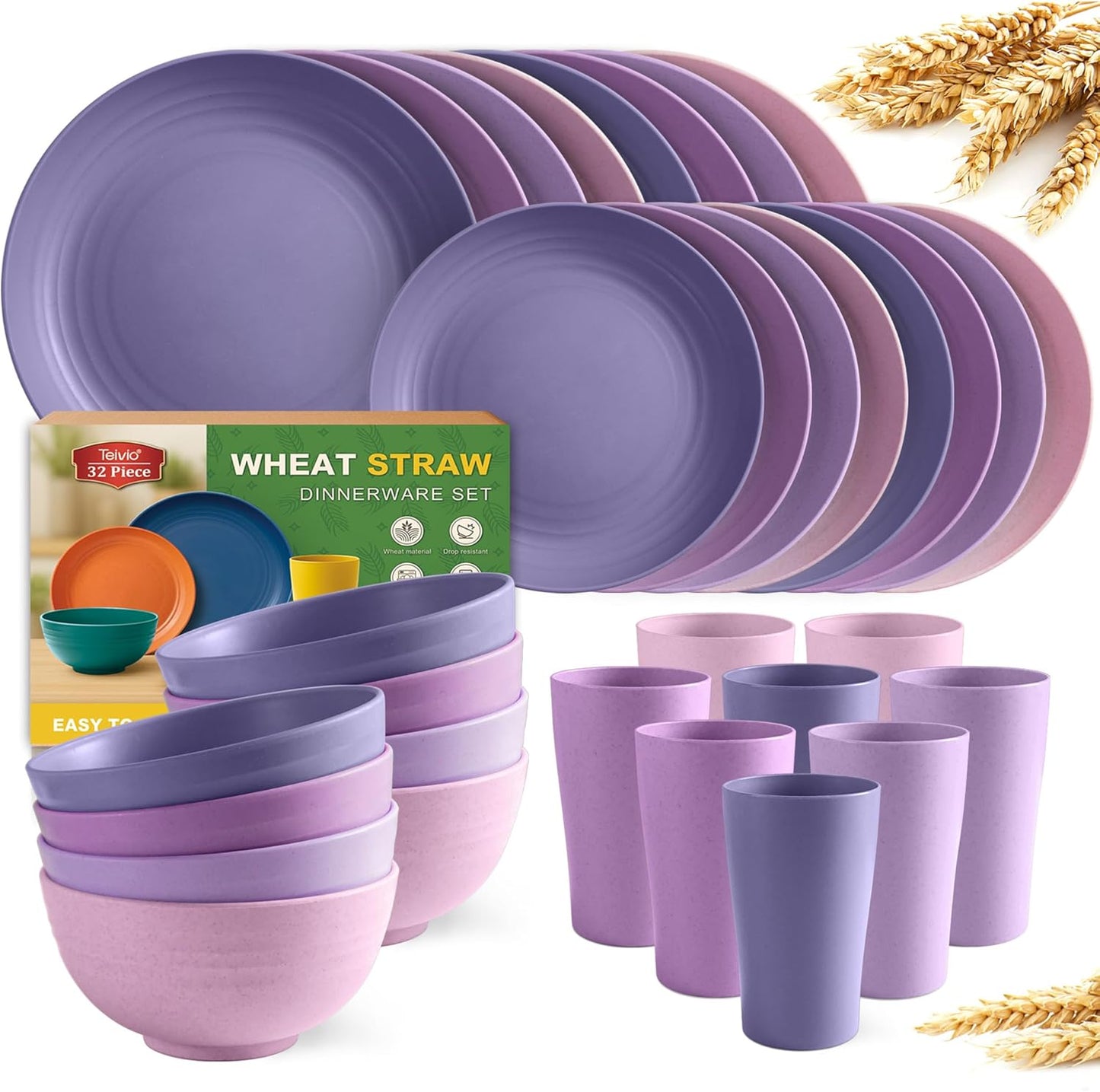 Teivio 32-Piece Kitchen Plastic Wheat Straw Dinnerware Set