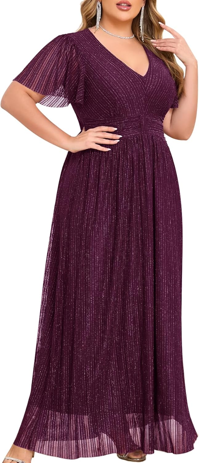 Plus Size Maxi Formal Dress with Sparkly V-Neck and Ruffle Sleeves