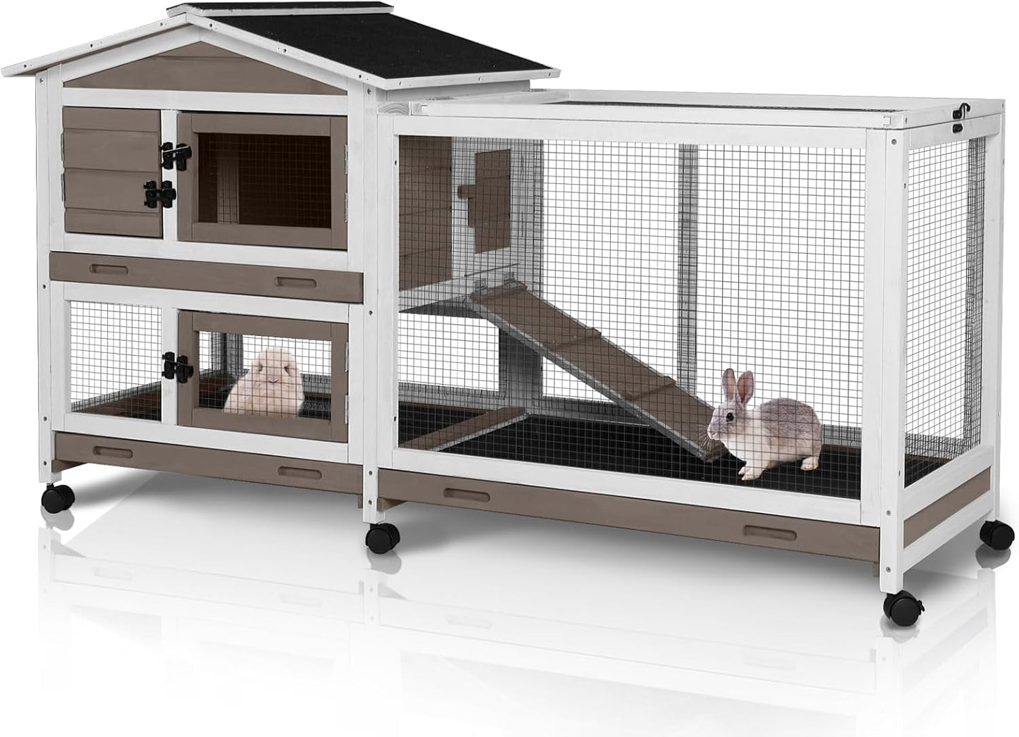 62 Inch Rabbit Hutch with Chew-Proof Ramp & Waterproof Roof
