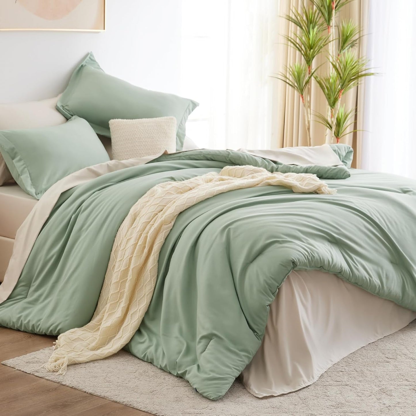 CozyLux Sage Green Comforter Set Queen for All Seasons