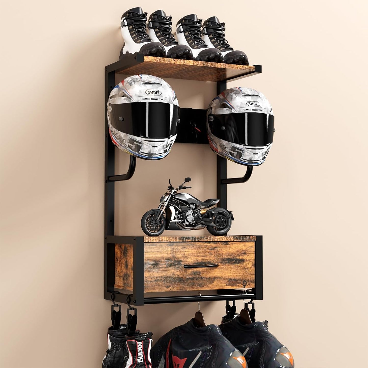 Motorcycle Helmet Holder Wall Mounted for 6 Helmets and Gear