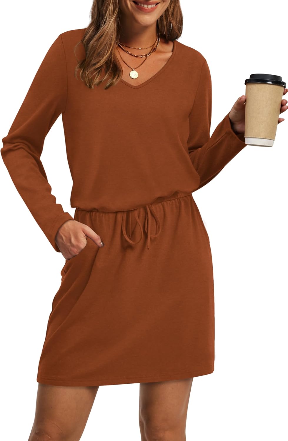 OFEEFAN Fall Dresses for Women - Casual V Neck Long Sleeve Style