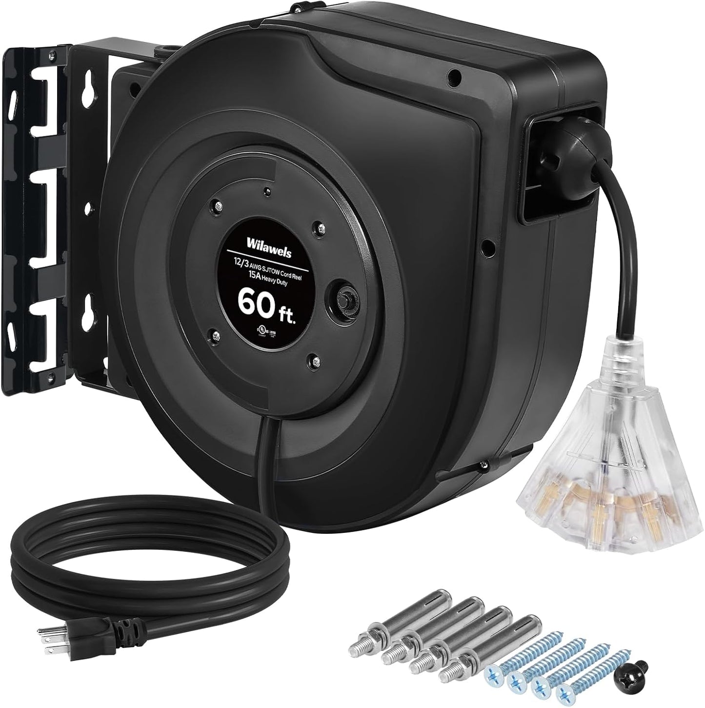 Retractable Extension Cord Reel 60FT Heavy Duty 12AWG SJTOW