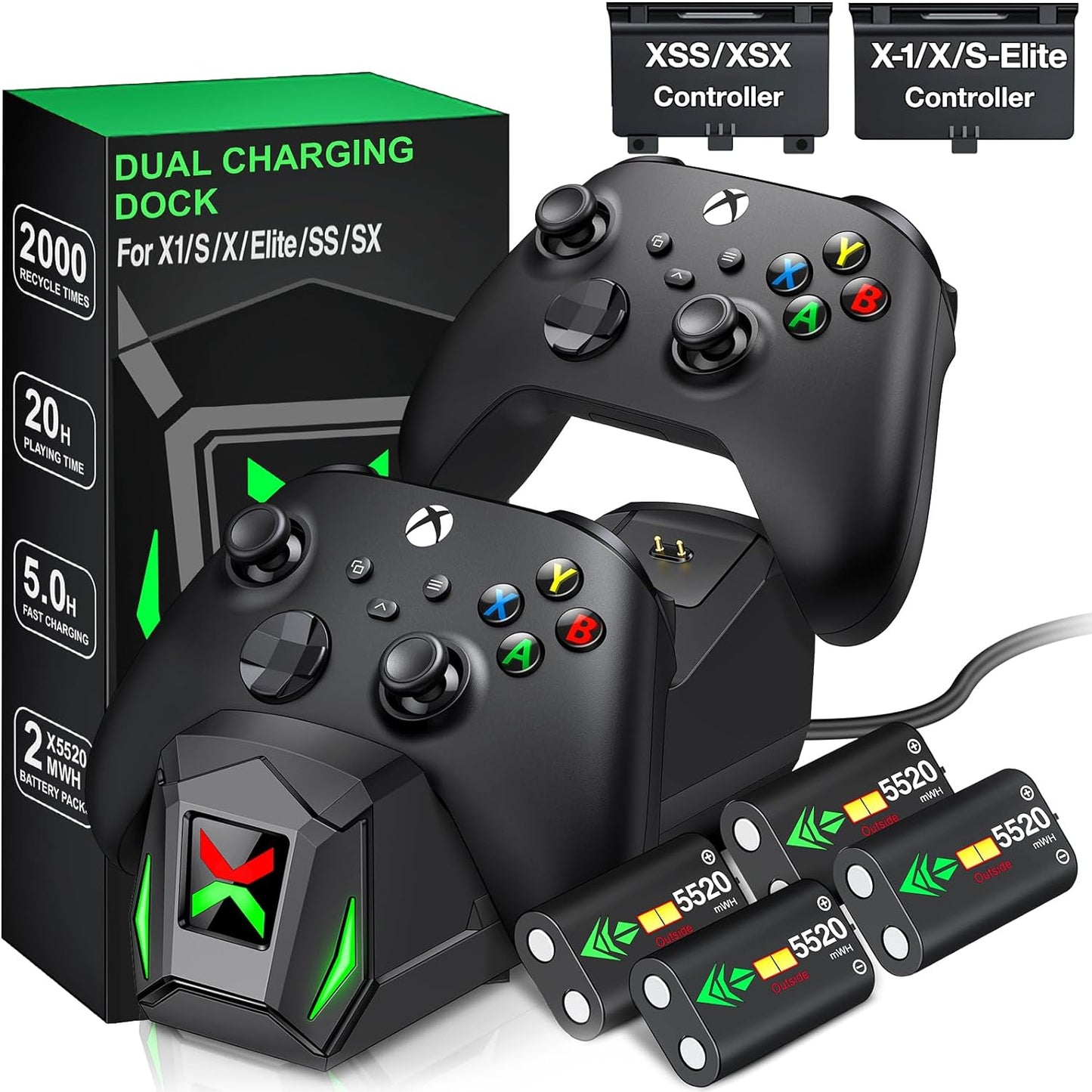 Controller Charger Station with 4 Rechargeable Batteries for Xbox