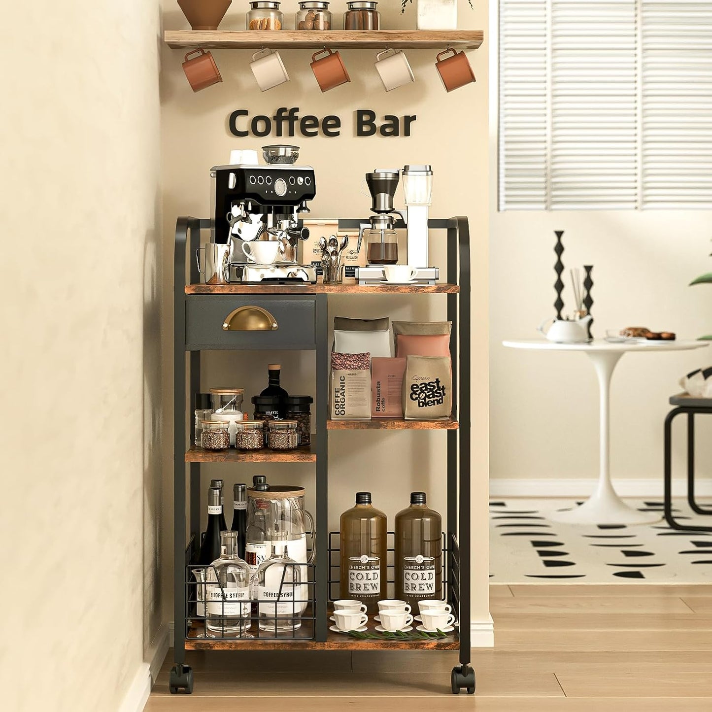 Rustic Coffee Cart with Storage Drawer - 4-Tier Mobile Table