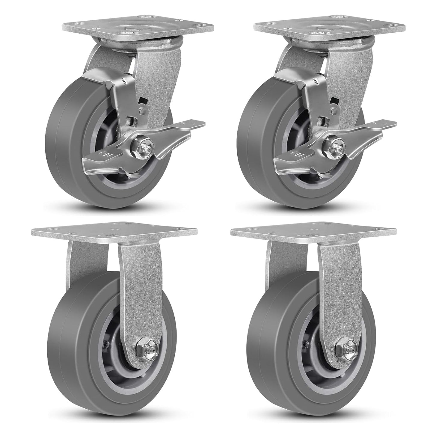 5 Inch Heavy Duty Rubber Rigid Casters Set for Furniture Carts