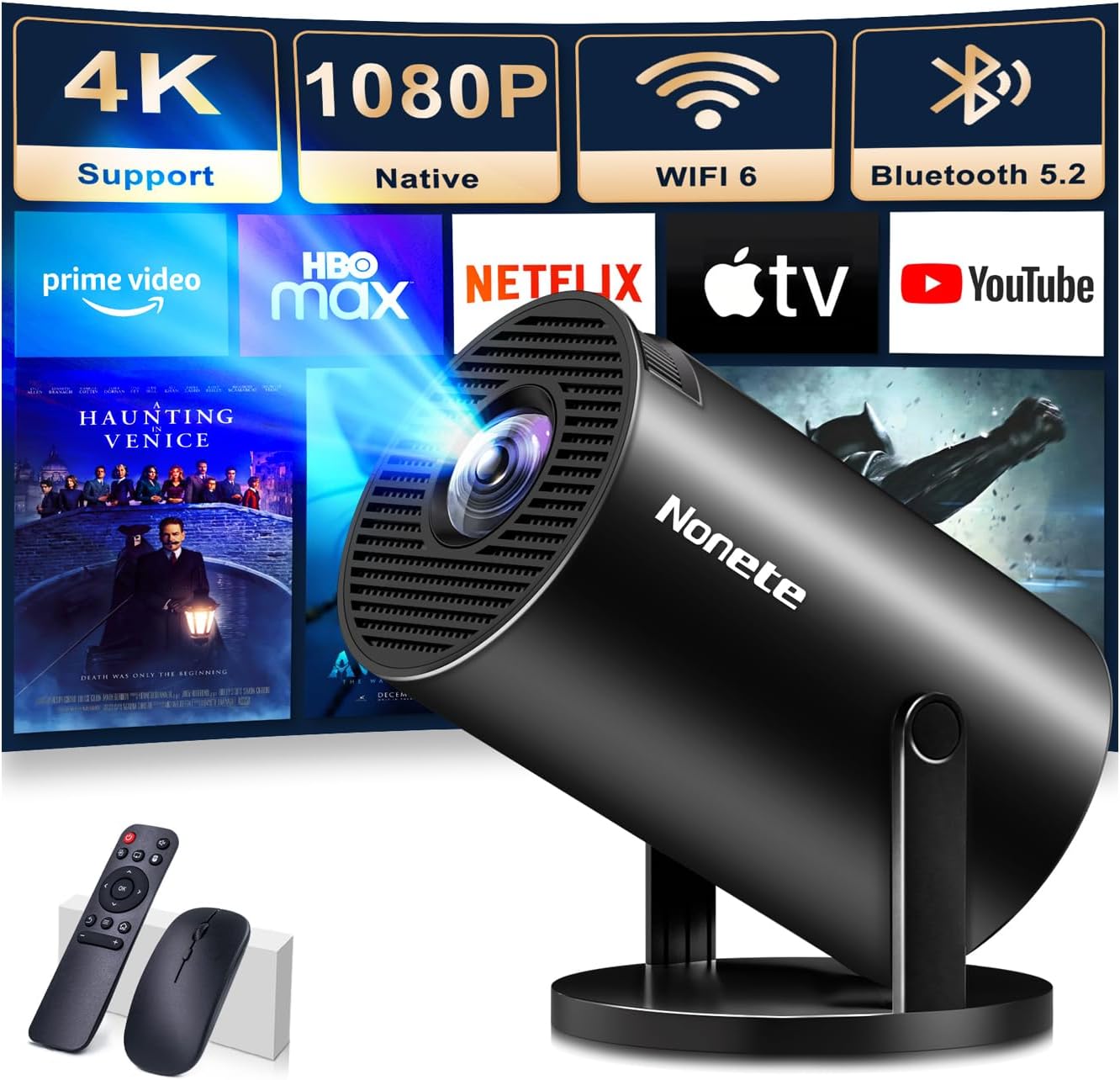 Portable 4K Mini Projector: WIFI, Bluetooth, Rotatable, Keystone Correction