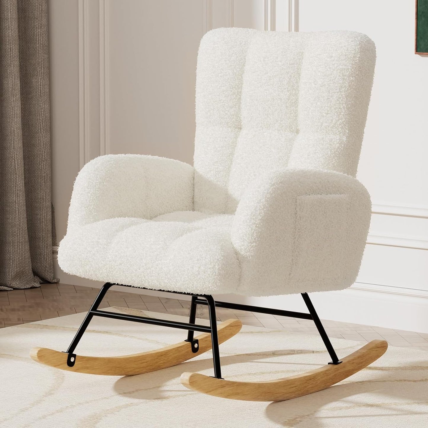 Teddy Glider Rocker Chair - High Backrest, Side Pockets, White