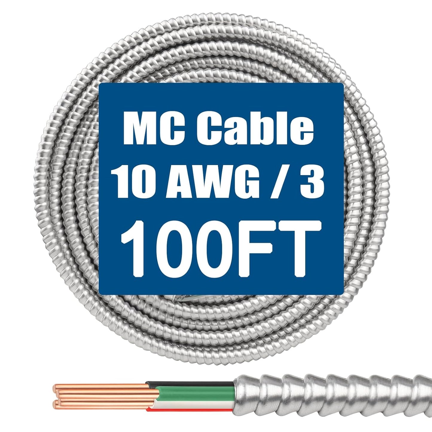 10/3 MC Cable with Ground - 100FT Heavy-Duty Metal Clad Wire