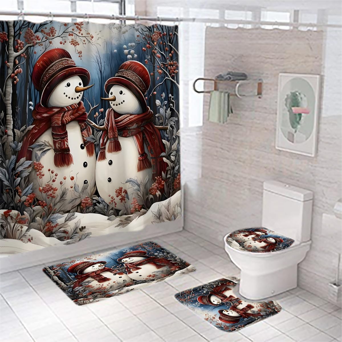 Snowman Xmas Shower Curtain Set