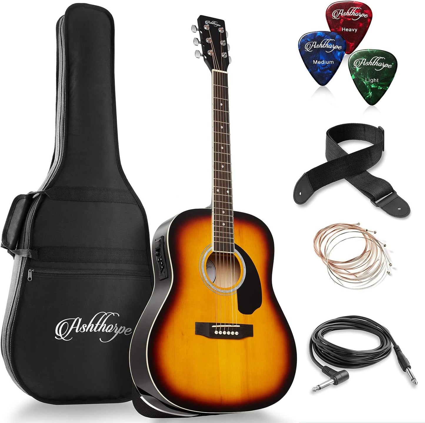 Ashthorpe Full-Size Dreadnought Acoustic-Electric Guitar Bundle