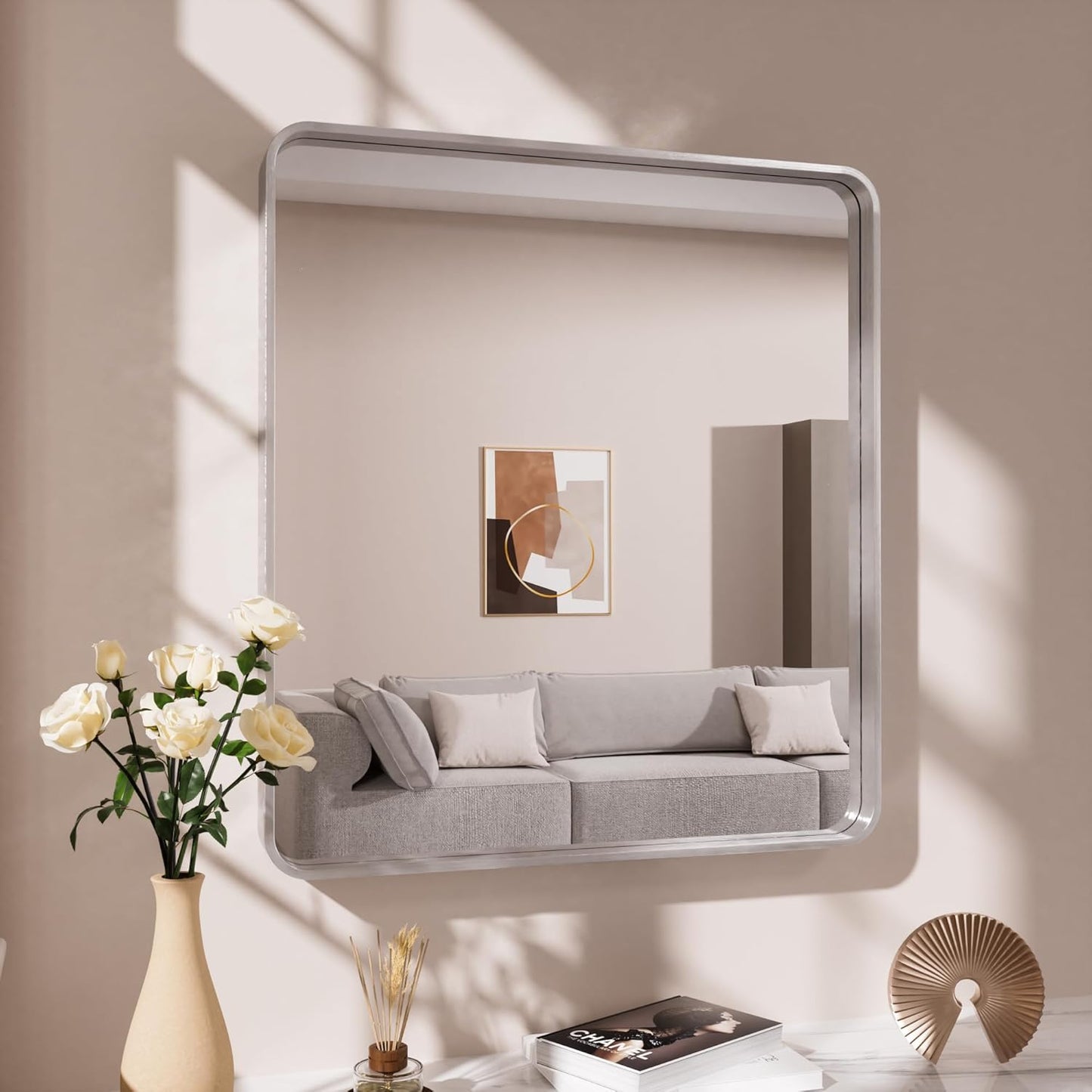Brushed Nickel Bathroom Mirror with Modern Rectangle Frame