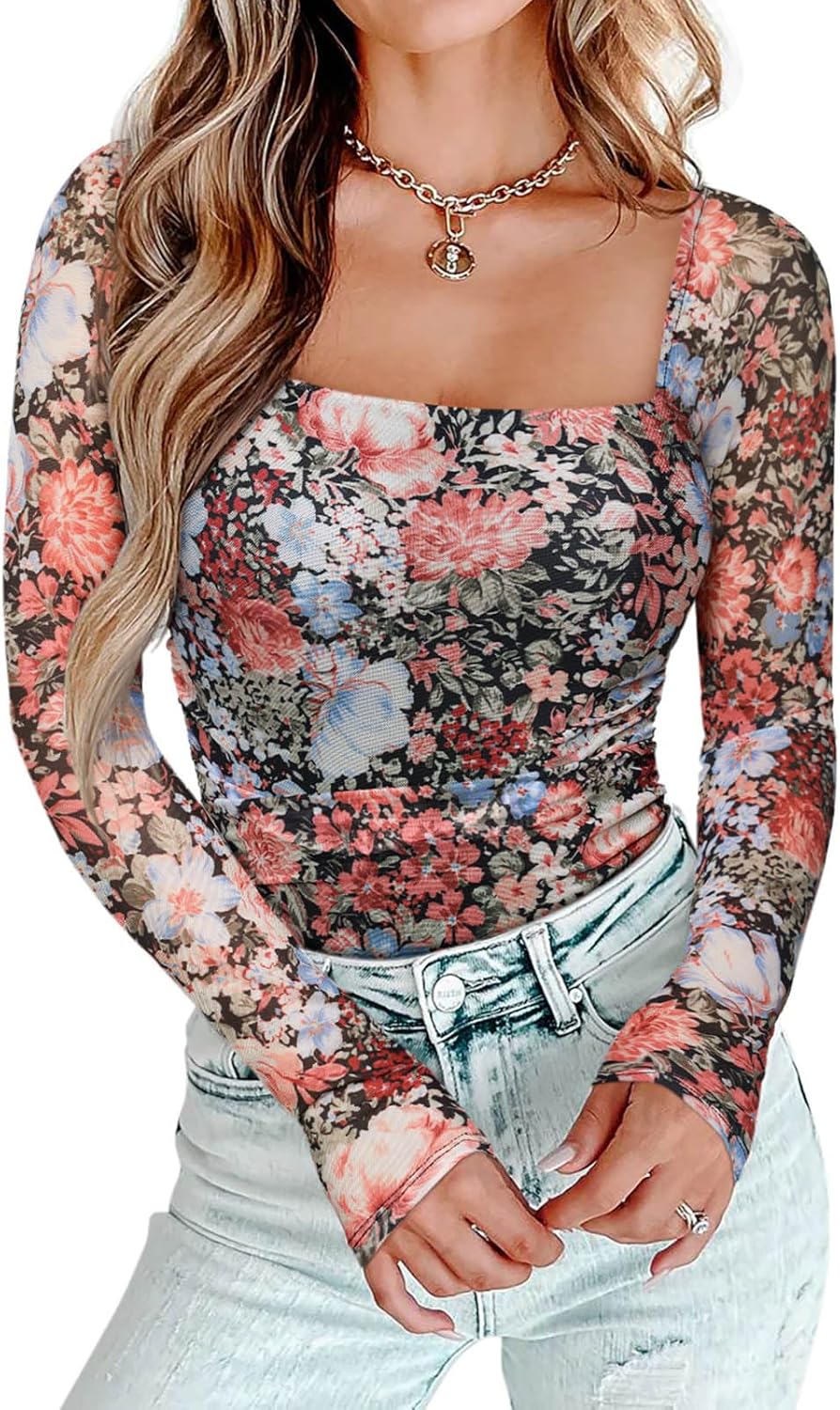 PINKMSTYLE Womens Square Neck Mesh Long Sleeve Bodysuit Tops
