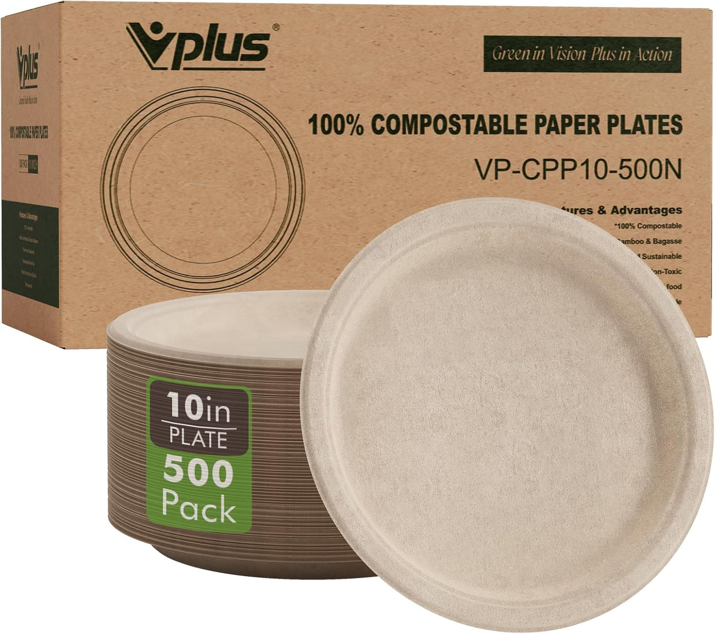 500 Pack Compostable Paper Plates 10.25ft Eco-Friendly Sugarcane