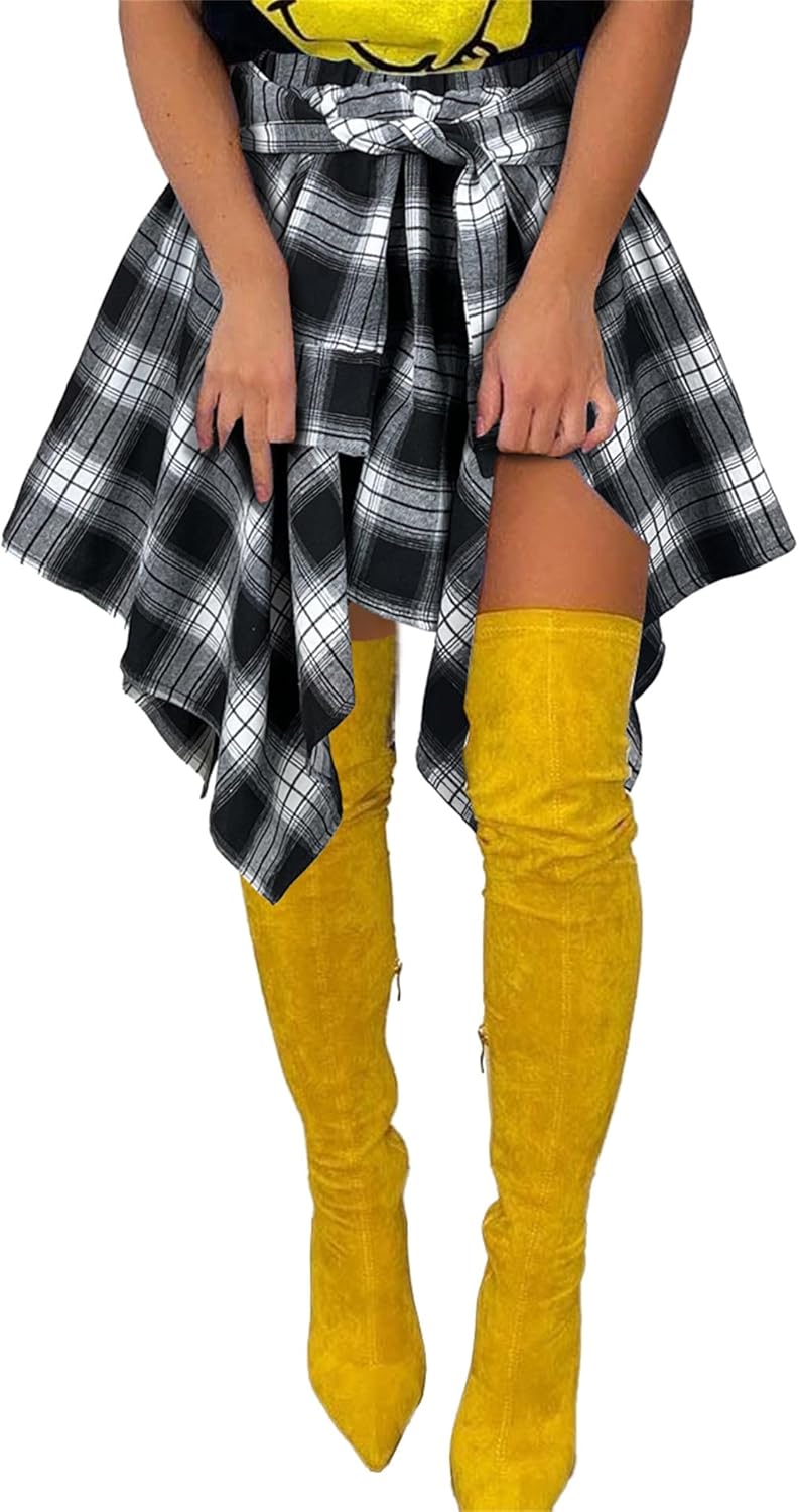 Women's Plaid Skirts High Waisted Knot Front Mini Skater Style