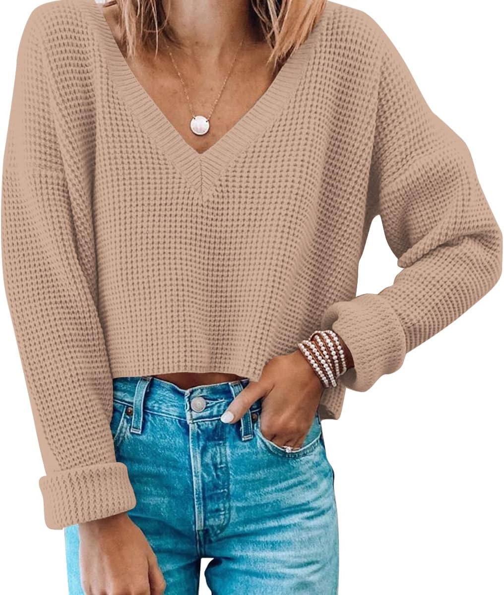 Waffle Knit Cropped Top for Women - Stylish V Neck Pullover
