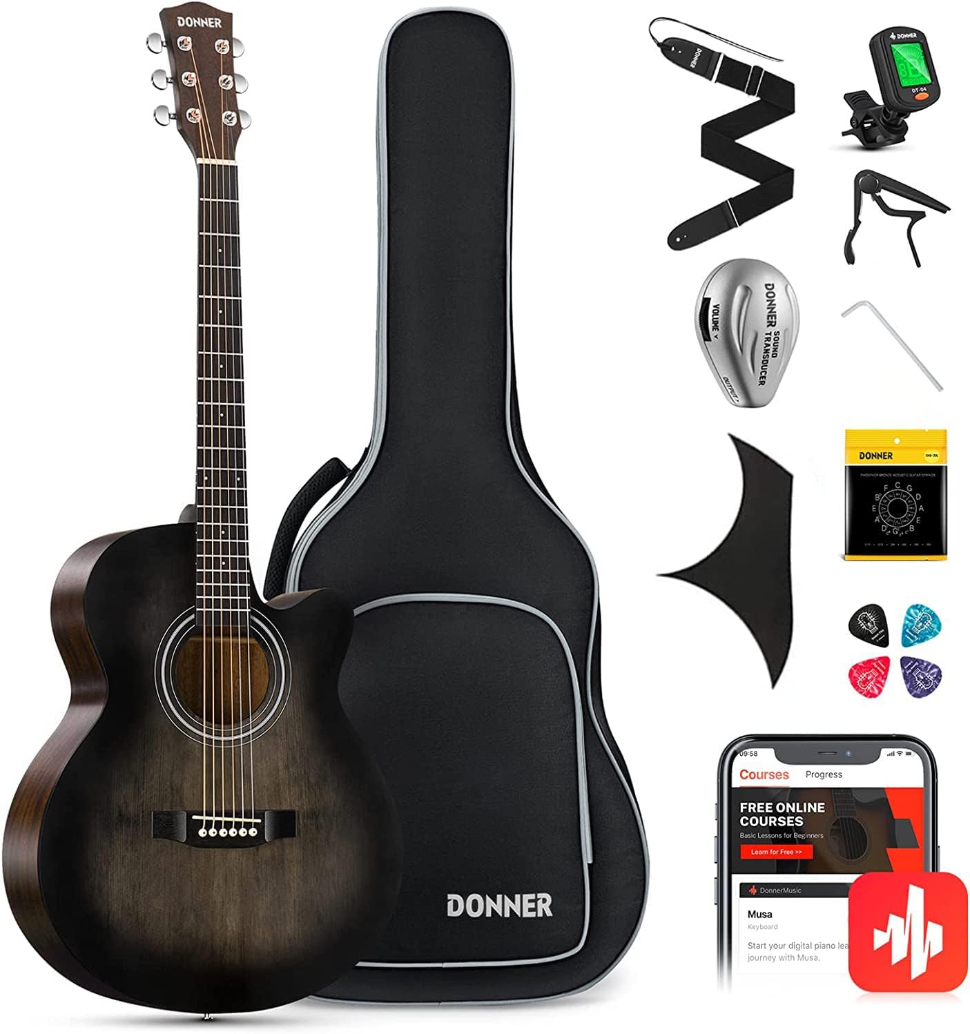 Donner 40 Acoustic Guitar Bundle - Beginner Friendly