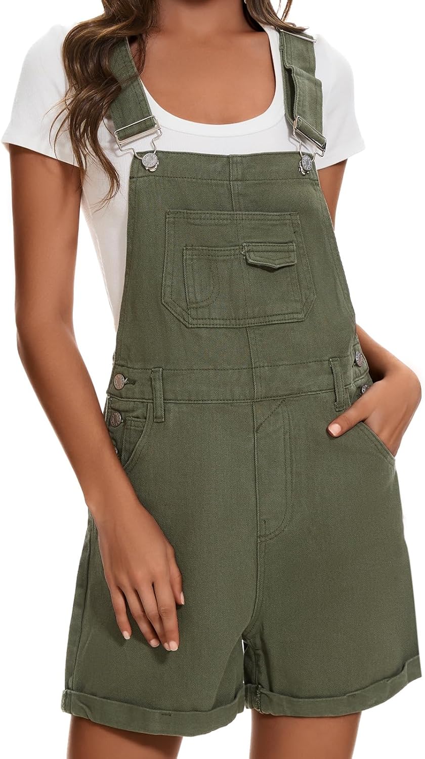 Women's Denim Shortalls with Adjustable Straps and Pockets