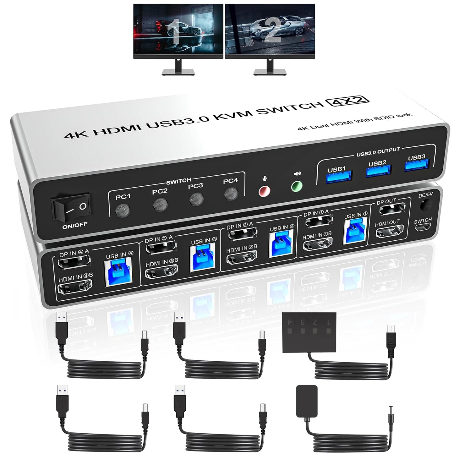 USB 3.0 Dual Monitor KVM Switch for 4 PCs and 2 Monitors