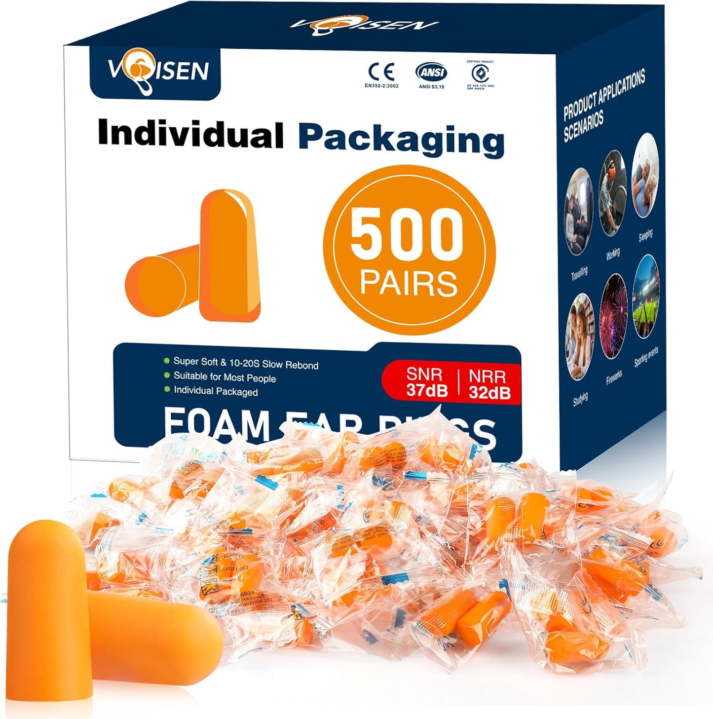 VOISEN Ear Plugs for Sleeping - 500 Pairs Noise Cancelling