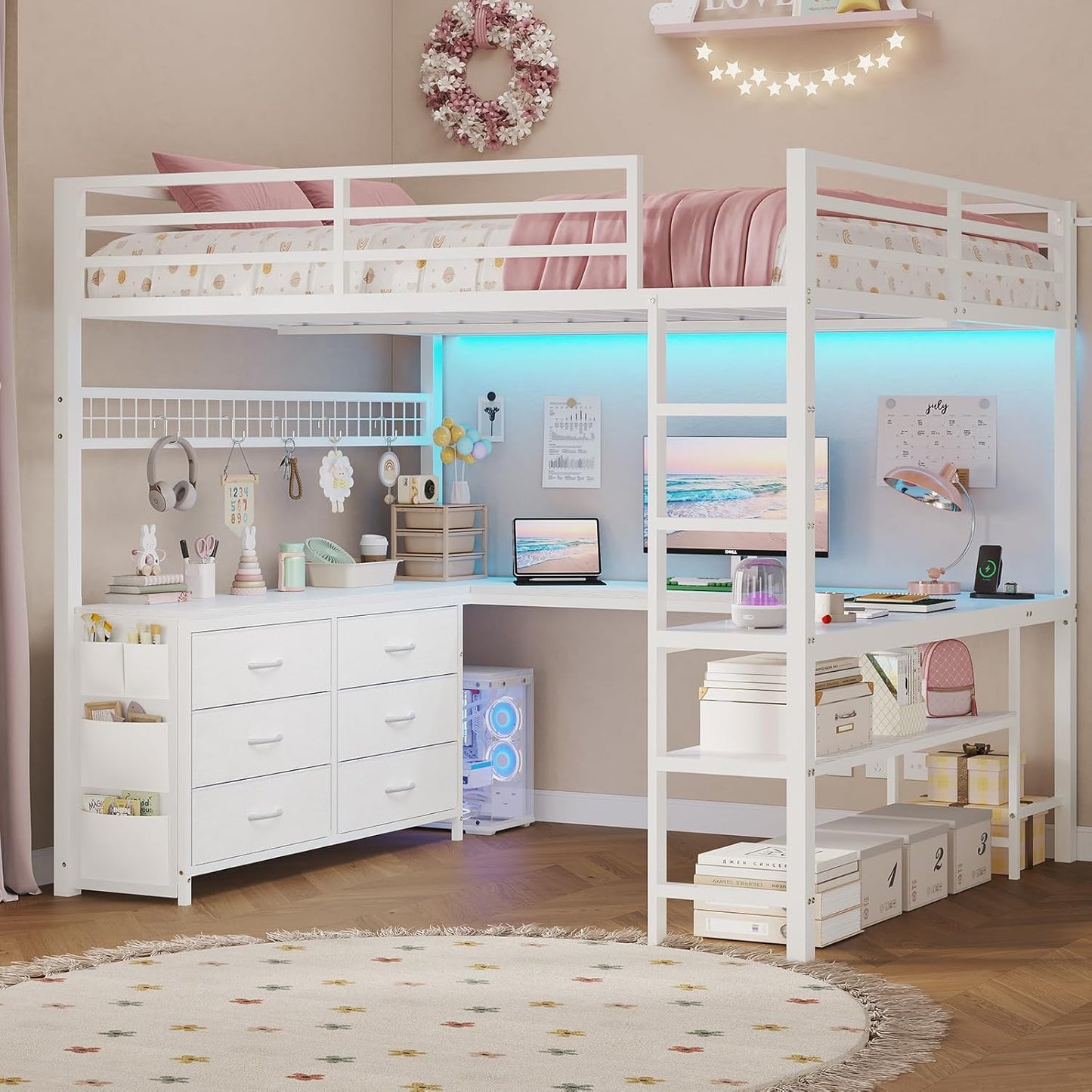ADORNEVE Loft Bed Full Size with U-Shaped Desk & Storage