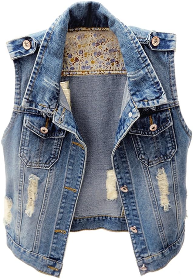 Kedera Womens Denim Jean Vest Classic Cropped Distressed Jacket