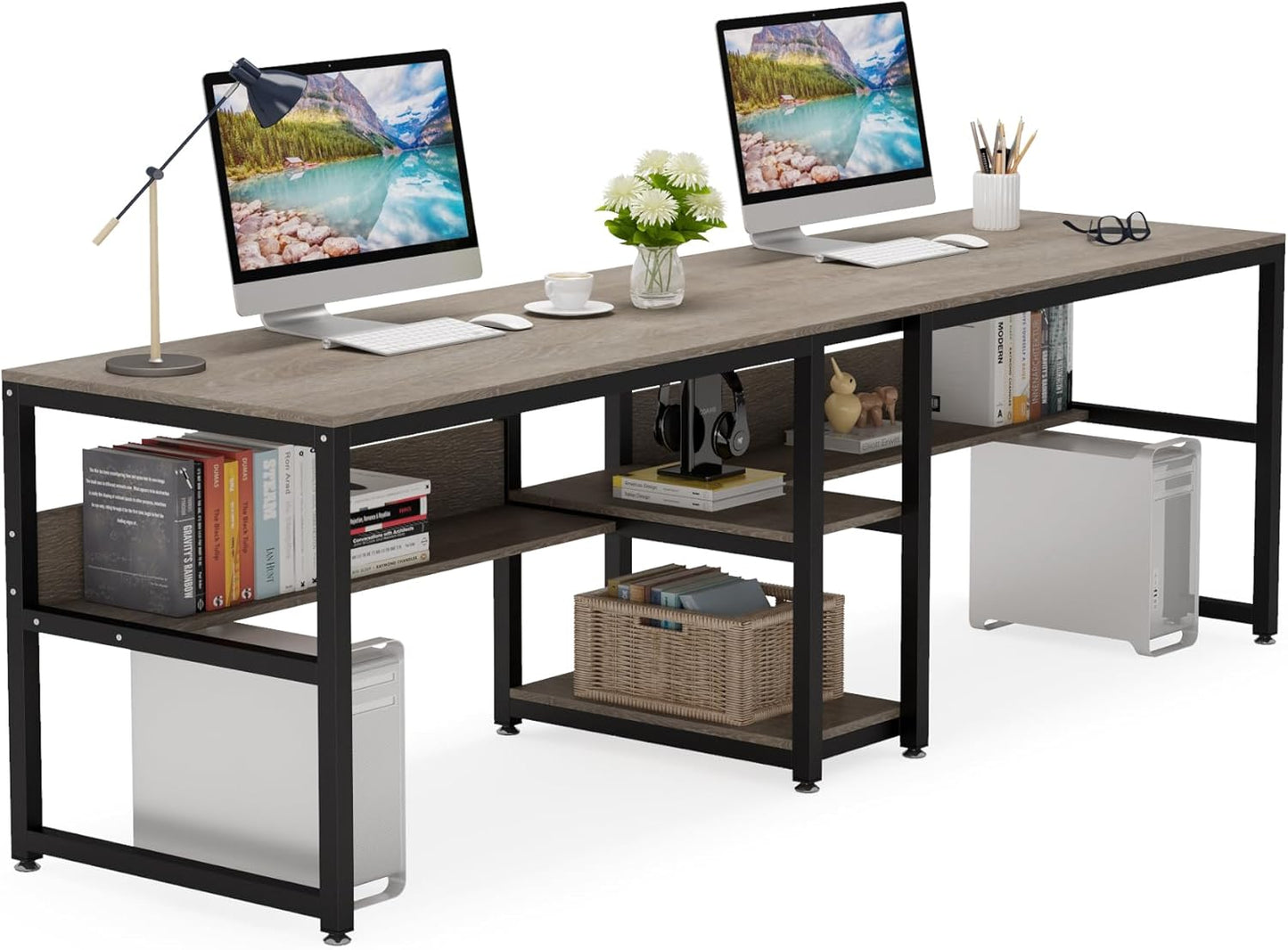 Tribesigns Double Desk: 2-Person Workstation with Bookshelf