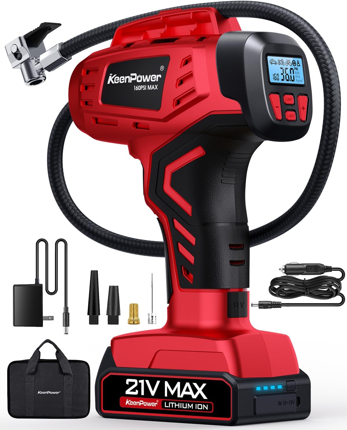 KeenPower Portable Tire Inflator - 160PSI Smart Mode with Dual Power