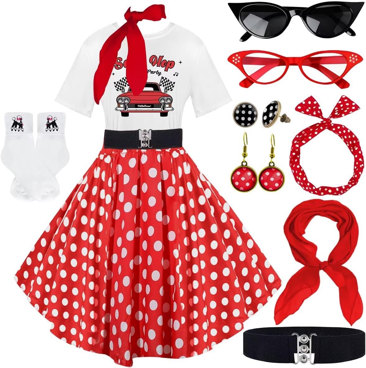 10Pcs Sock Hop Outfits Women with 1950s Poodle Skirts and More