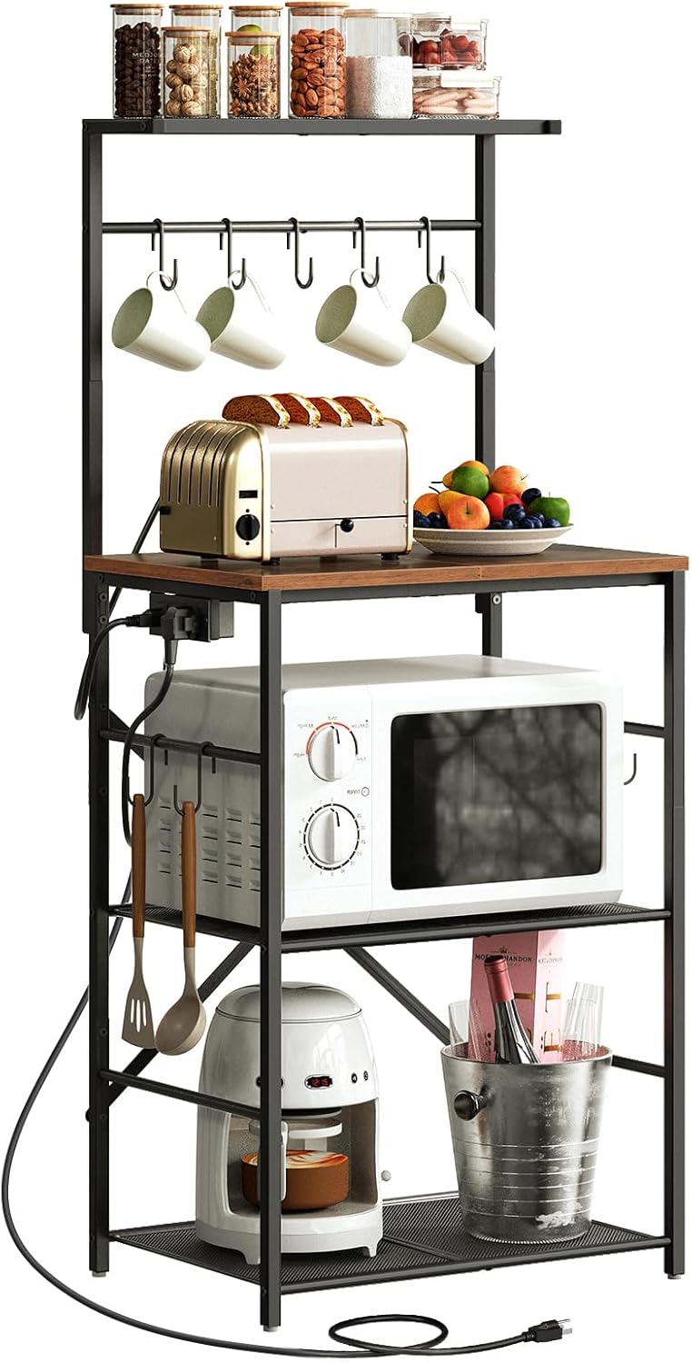 Rustic Kitchen Bakers Rack with Power Outlet & Storage