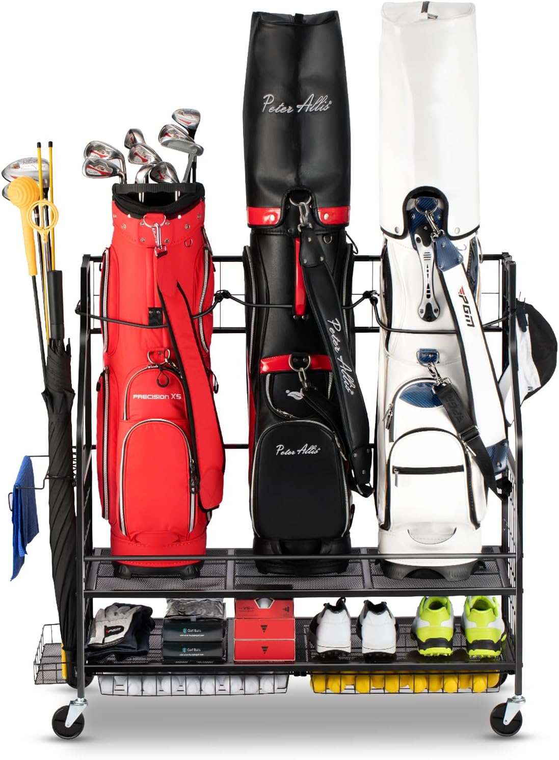 Space-Saving Golf Bag Storage Rack with Wheels - Organize 3 Bags & Gear!