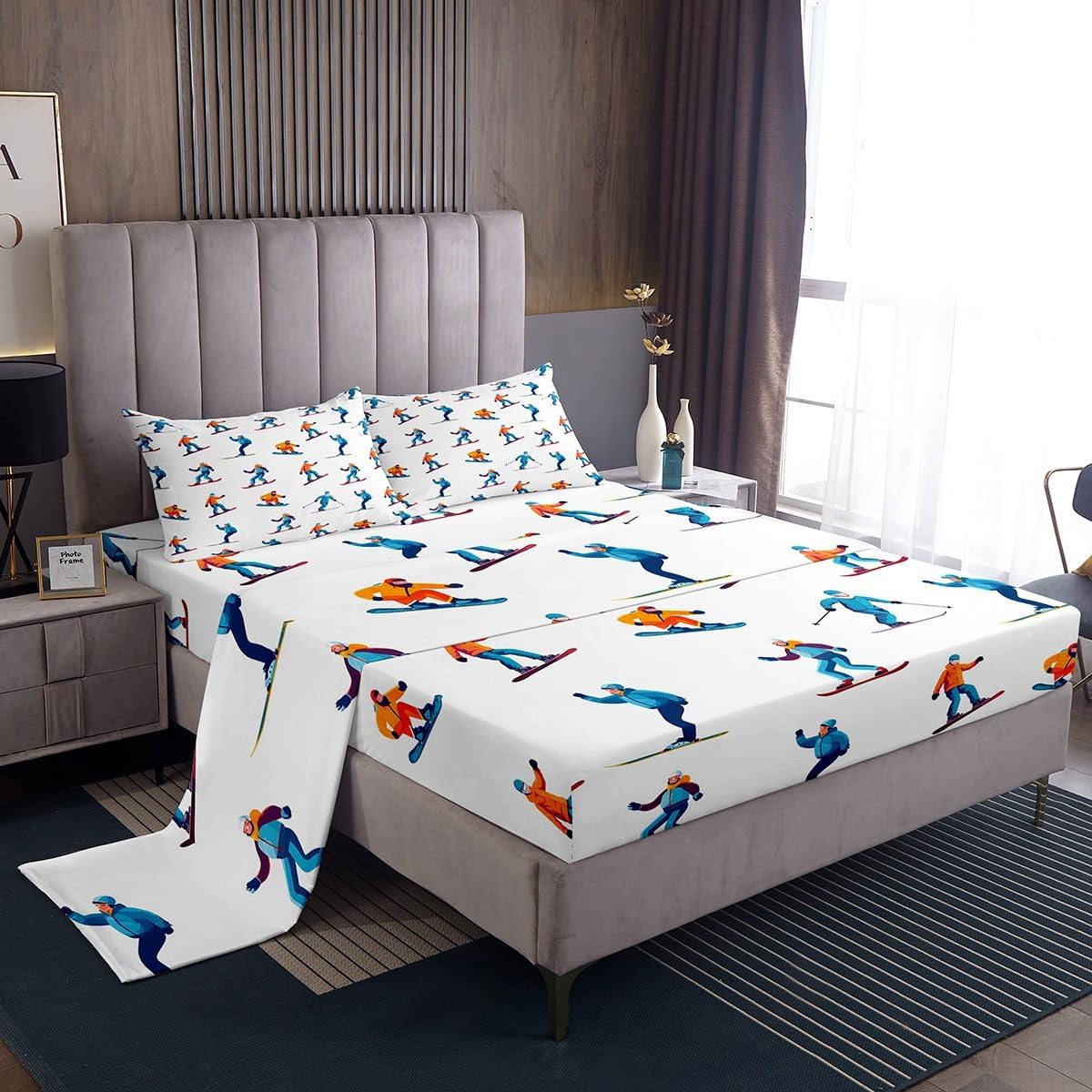 Winter Ski Theme Queen Sheet Set - Colorful Skier Print