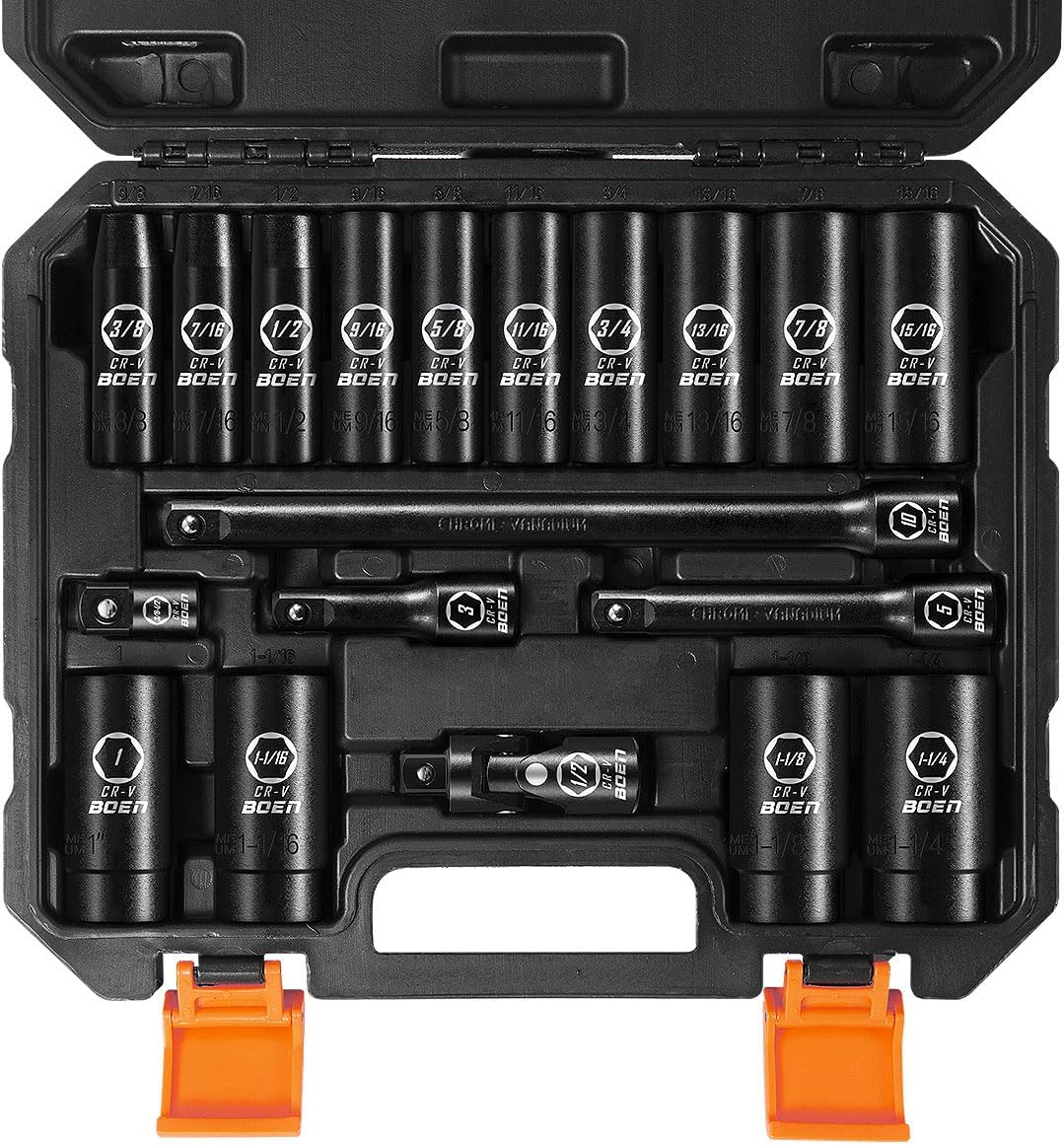 BOEN 19-Piece 1/2 Drive Deep Impact SAE Socket Set for Durability