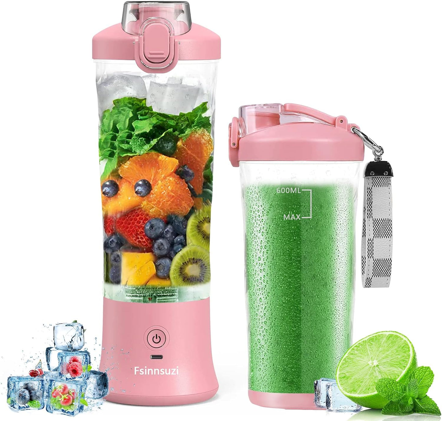Portable 6-Blade Pink Blender, USB Rechargeable, 20oz Cup - Shake & Smoothie Maker