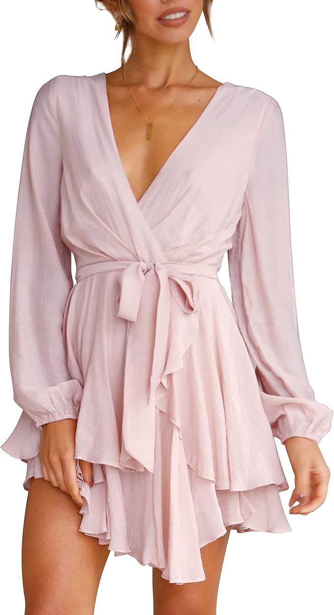 Cosonsen Women's Dress Deep V-Neck Long Sleeve Ruffle Mini