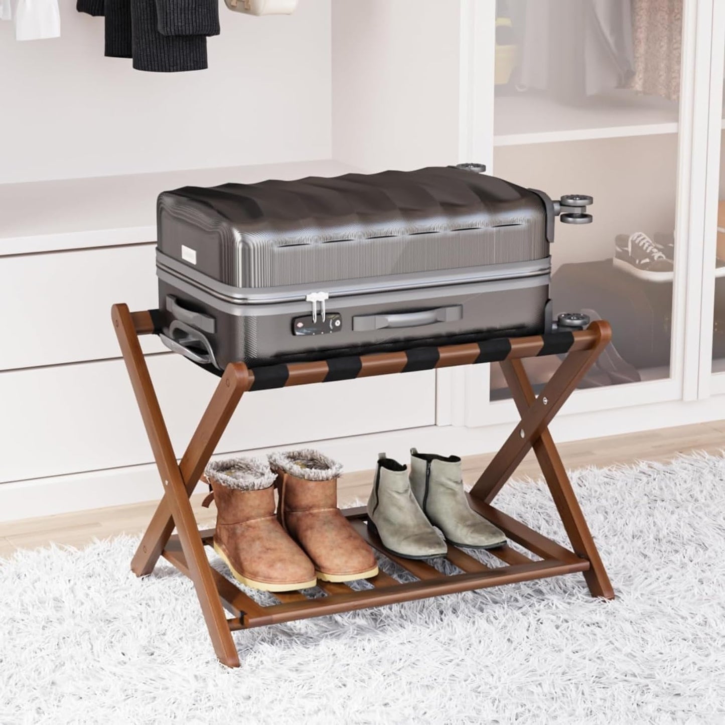 Fully Assembled Walnut Bamboo Luggage Rack with Shoe Shelf