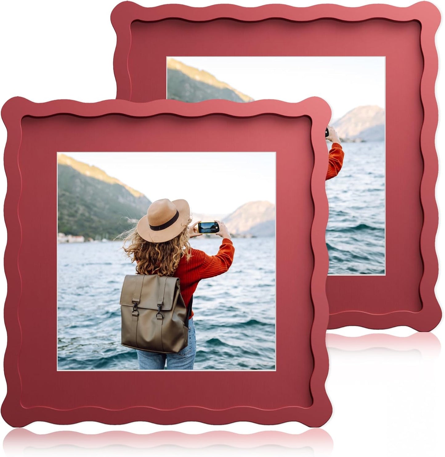 10x10 Wavy Picture Frame Set with Mat for 8x8 Photos, Red