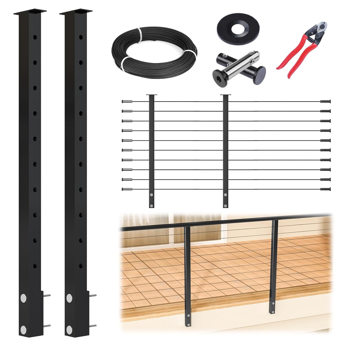 Muzata 5-10FT Modular Black Side Mount Cable Railing Kit